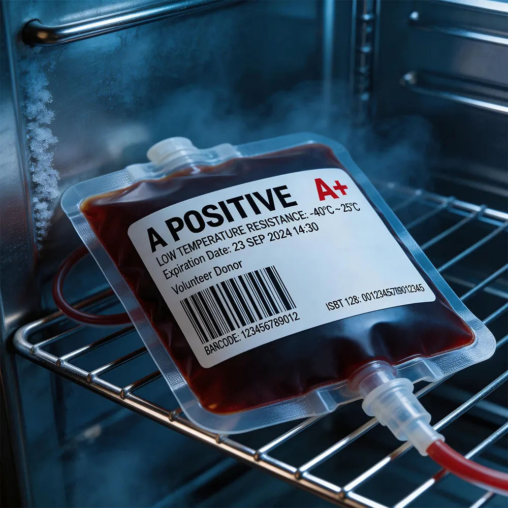 Adhesive blood bag label medical storage solution