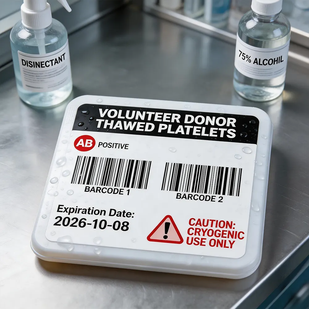 Alcohol resistant blood bag label with durable adhesion