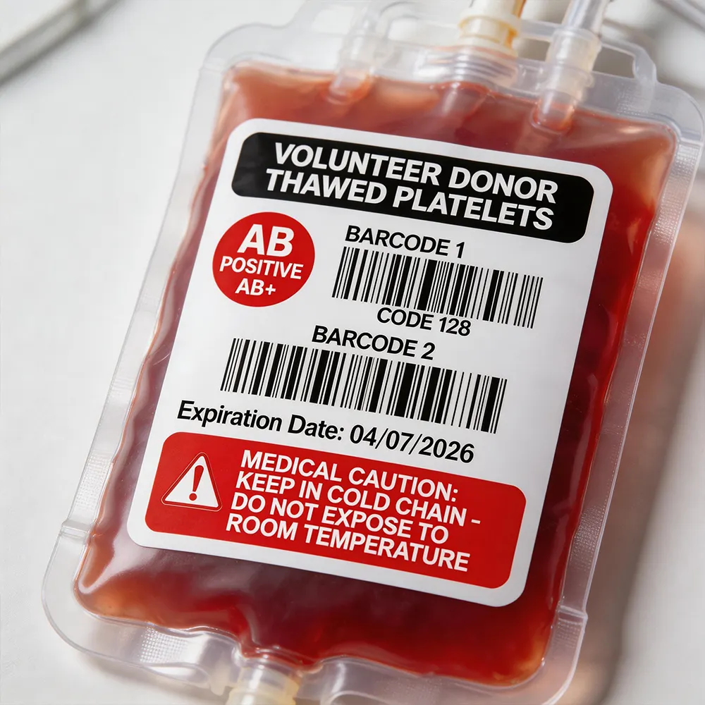 Blood plasma bag label designed for secure medical handling